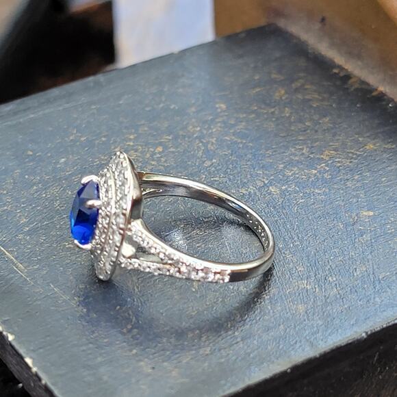 Rhodium Plated Simulated Sapphire Halo Ring - Size 7 - Double Halo Brilliance - Picture 6 of 11